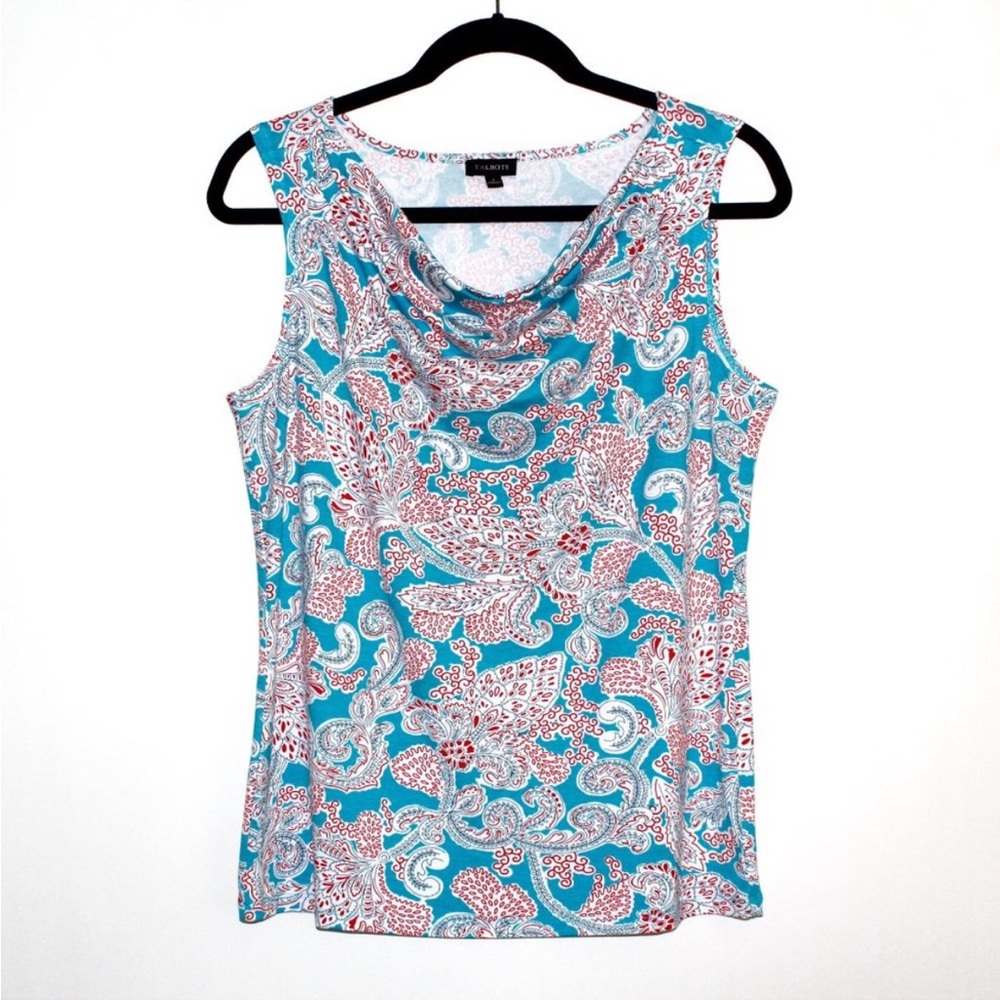 Talbots Red, White, and Blue Paisley Print Draped Collar Sleeveless Blouse Sz M
